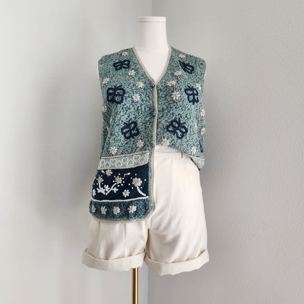Vintage Y2K Embroidered Floral Sweater Vest Cottagecore Christopher & Banks L XL - Picture 2 of 7